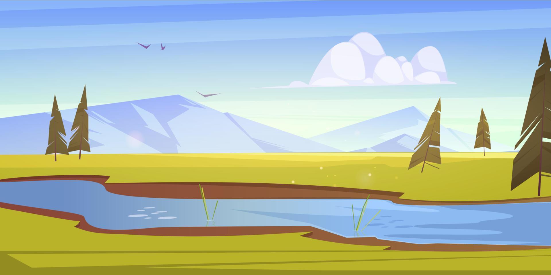 Cartoon scenery landscape with lush green fields vector