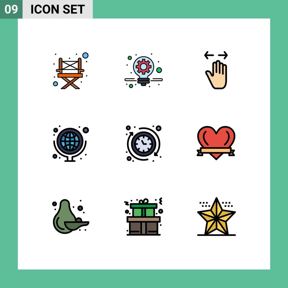 Group of 9 Filledline Flat Colors Signs and Symbols for hours around left school supplies globe Editable Vector Design Elements