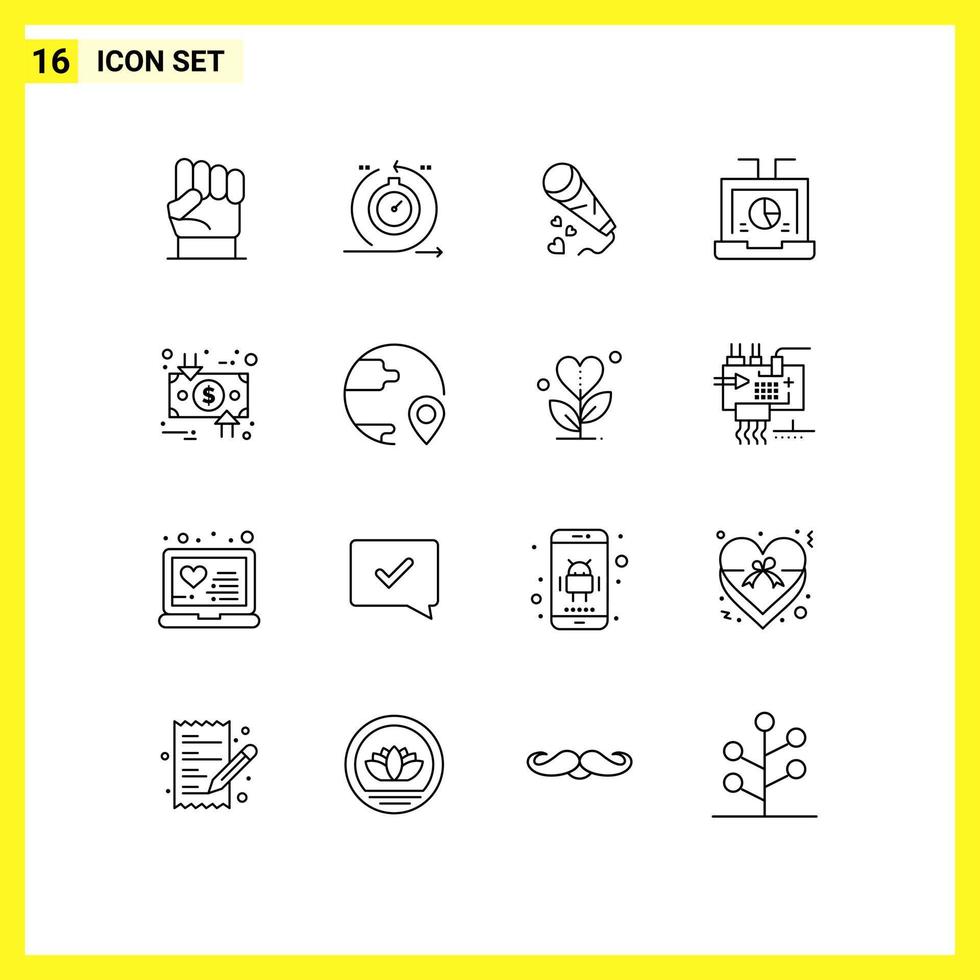 User Interface Pack of 16 Basic Outlines of laptop business fast wedding love Editable Vector Design Elements