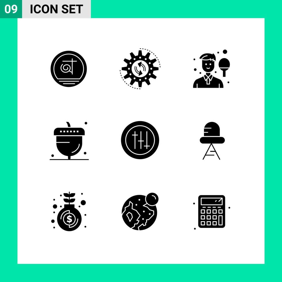 Set of 9 Vector Solid Glyphs on Grid for oak autumn work acorn sport Editable Vector Design Elements