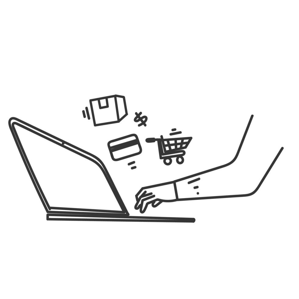 hand drawn doodle shopping online with laptop illustration vector