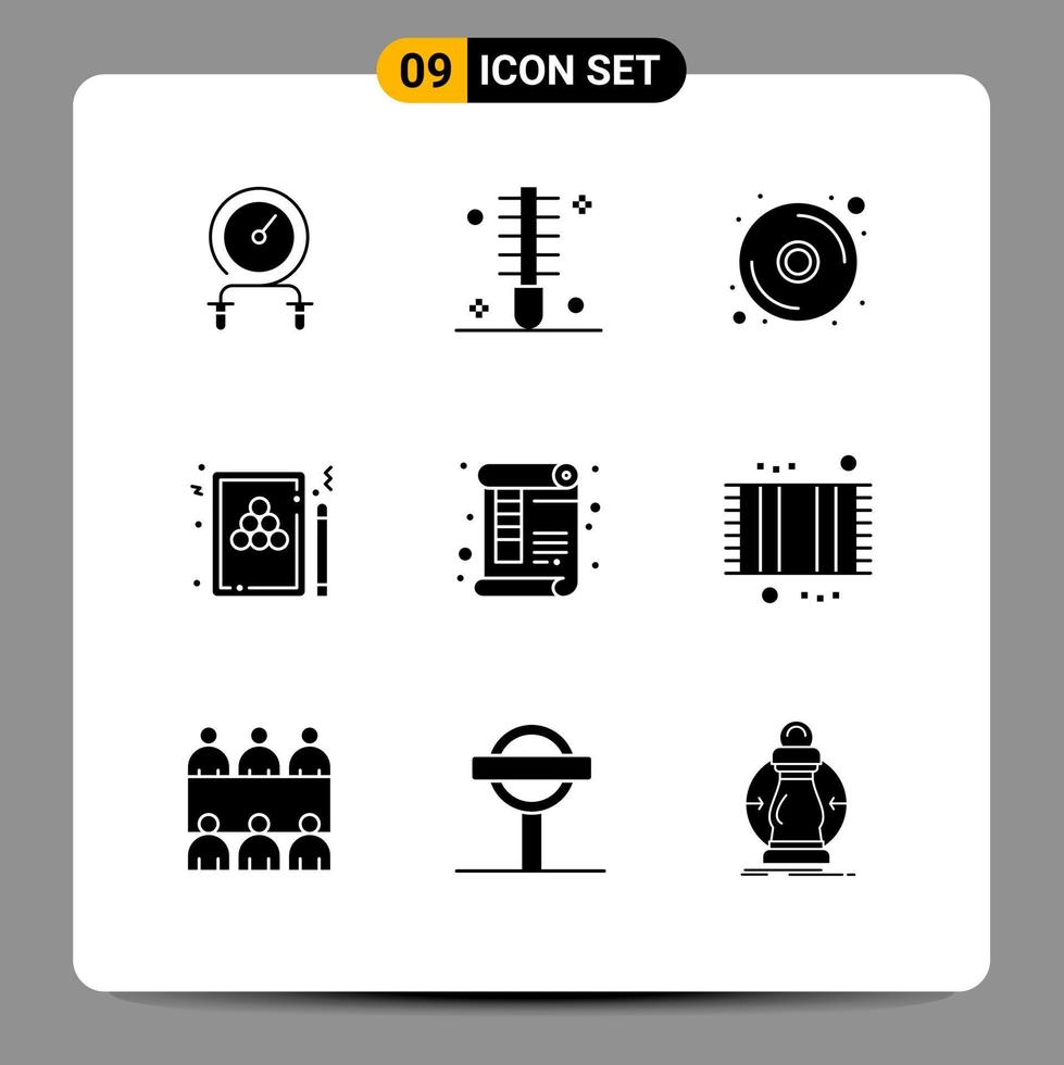 Mobile Interface Solid Glyph Set of 9 Pictograms of game pool hair billiard dvd Editable Vector Design Elements