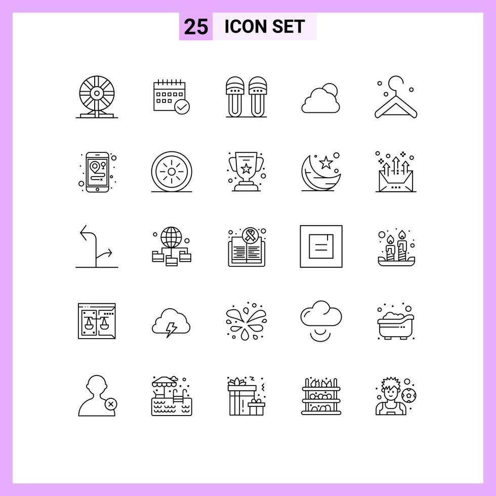 pictograma conjunto de 25 sencillo líneas de nube zapatilla calendario calzado ropa editable vector diseño elementos