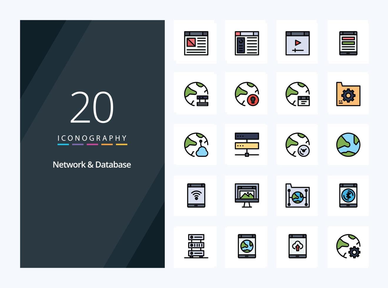 20 Network And Database line Filled icon for presentation vector