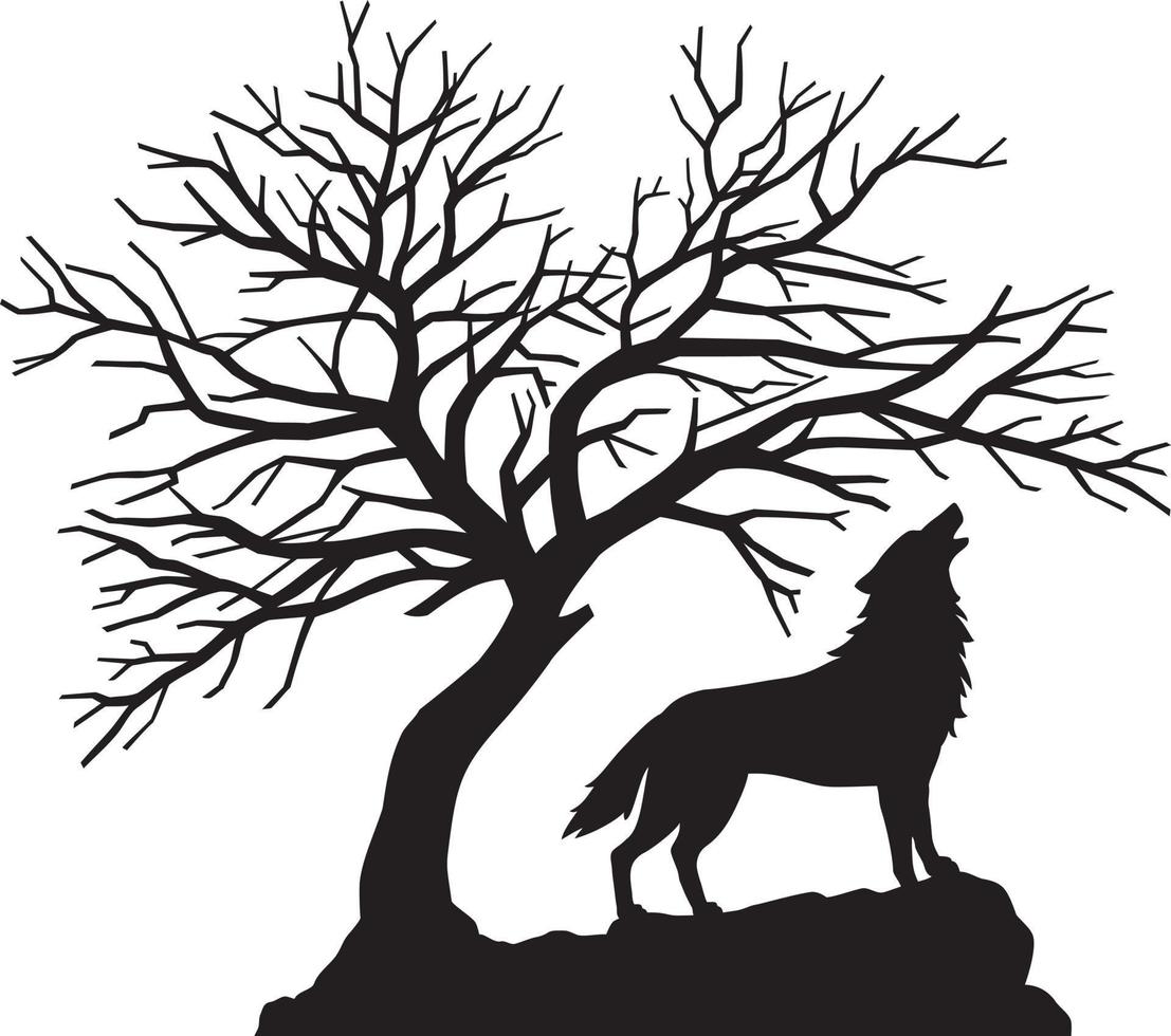 silueta de clamoroso lobo y de miedo desnudo negro árbol. vector ilustración.