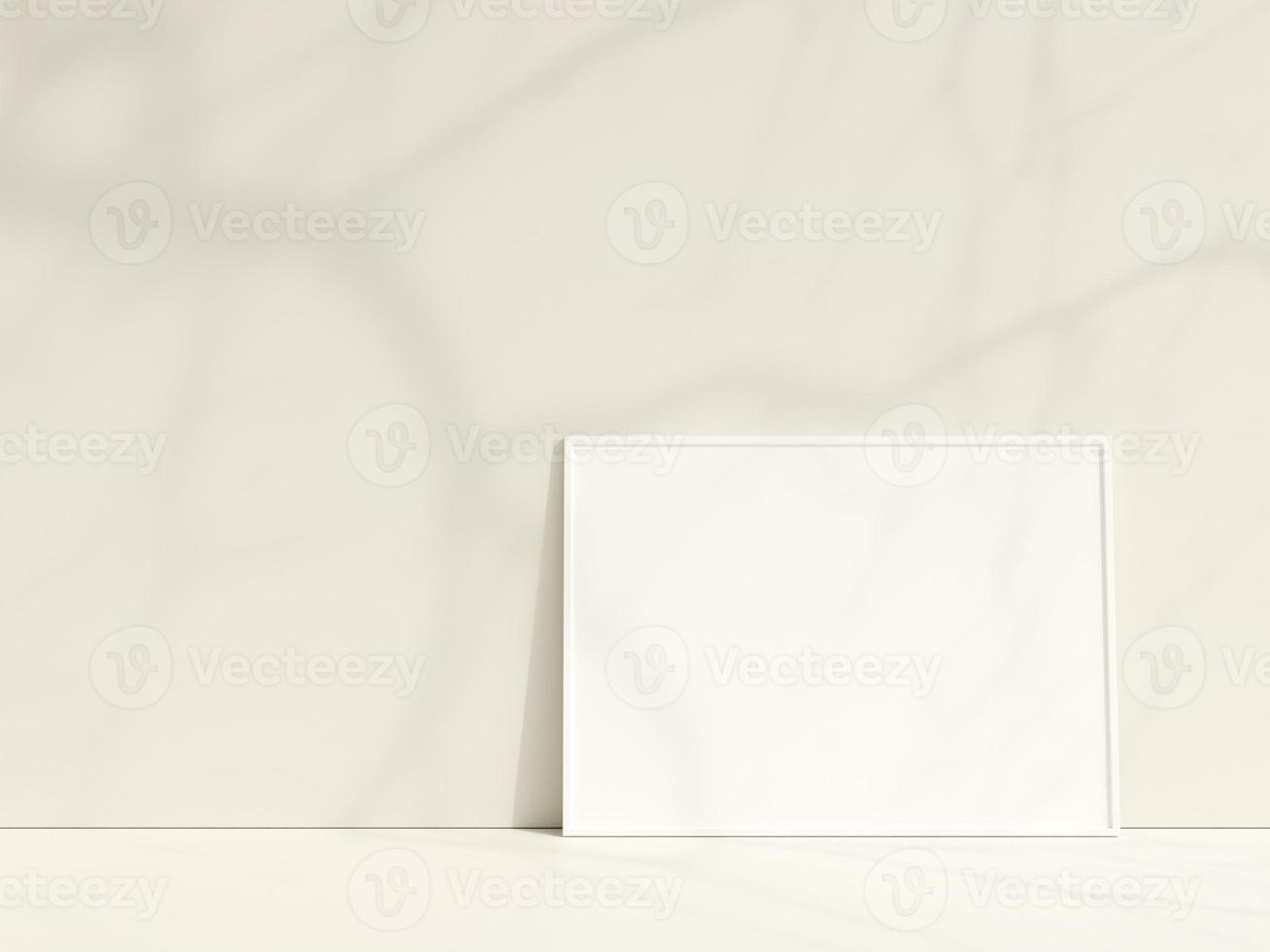 Interior poster mockup with photo frame leaning against the white wall. Minimalist photo frame mockup with shadow. Empty frame stands on white floor. 3d rendering.
