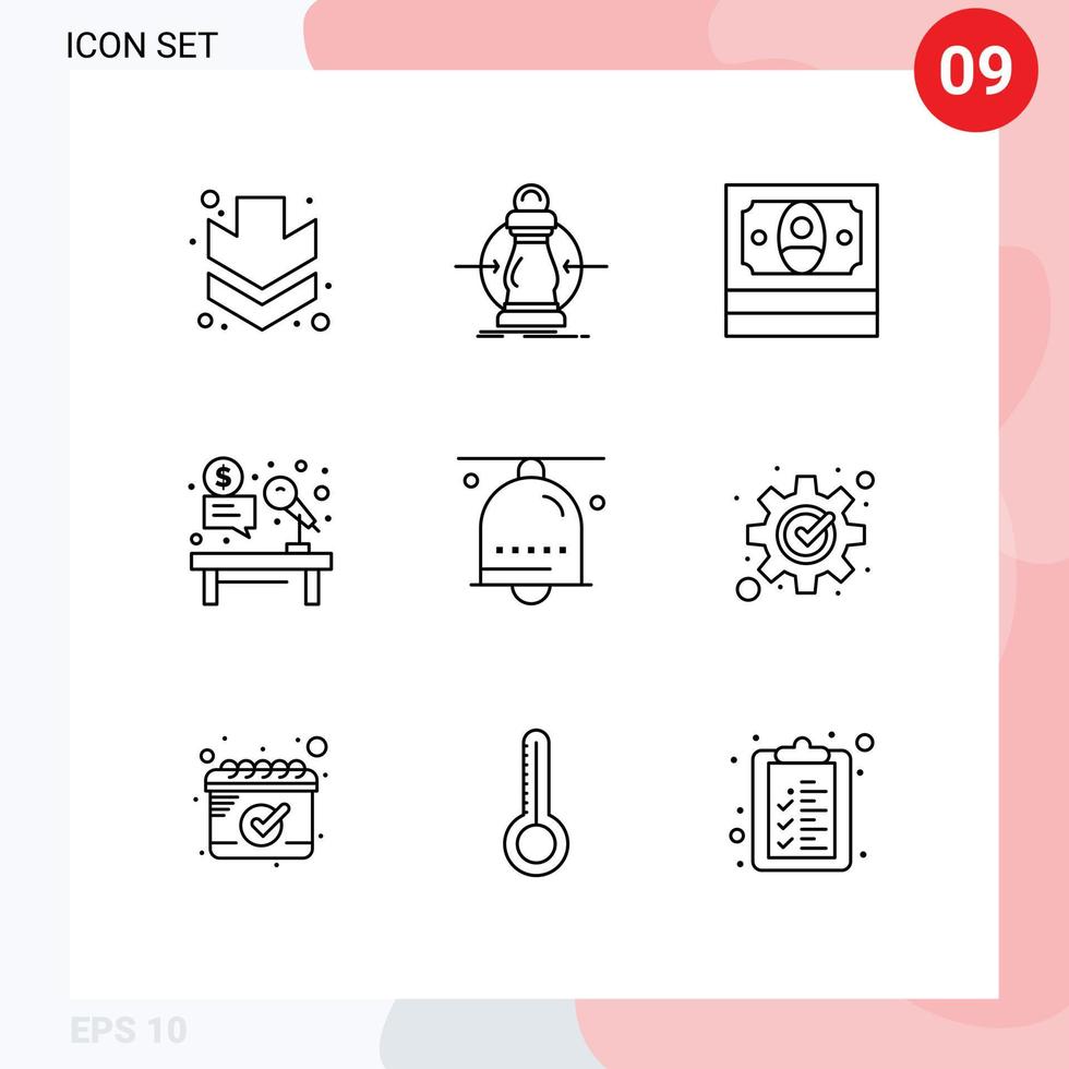 9 User Interface Outline Pack of modern Signs and Symbols of bell job cash hammer auction Editable Vector Design Elements