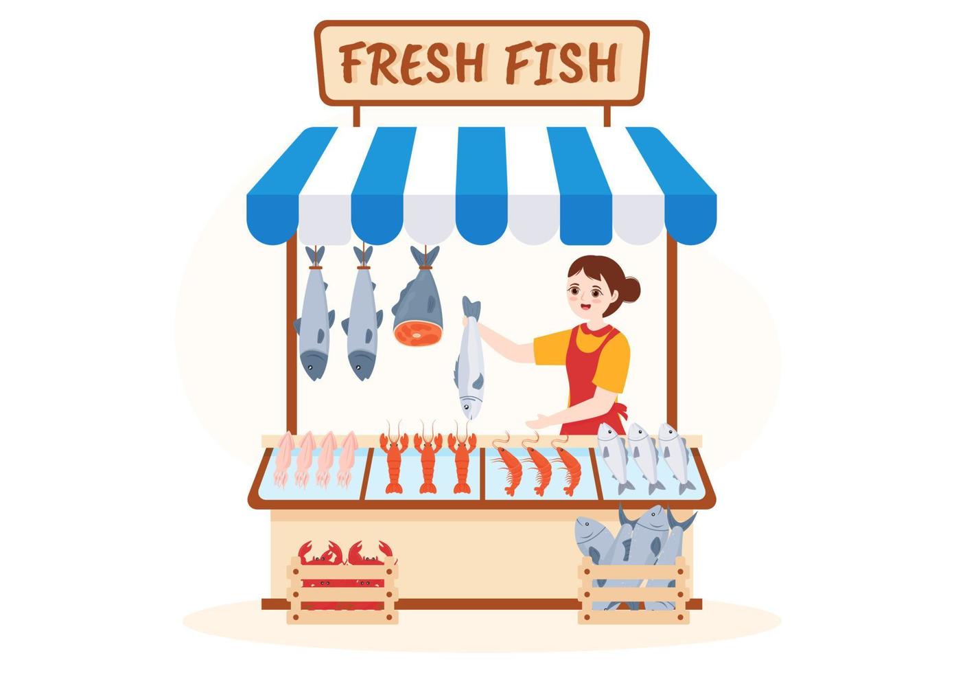 tienda de pescado para comercializar varios productos frescos e higiénicos mariscos en dibujos animados planos dibujados a mano ilustración de plantillas vector