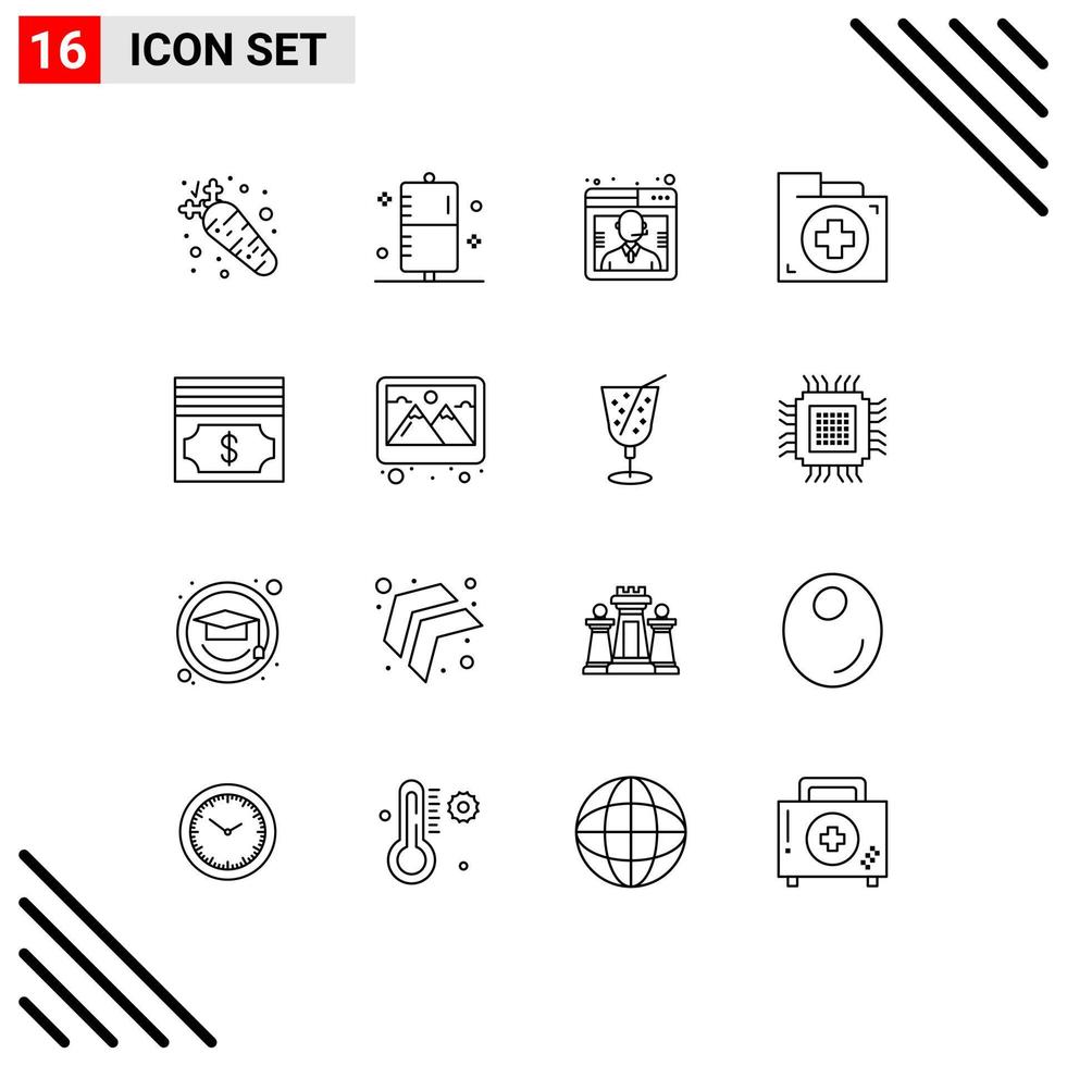 Stock Vector Icon Pack of 16 Line Signs and Symbols for folder document health bag support Editable Vector Design Elements