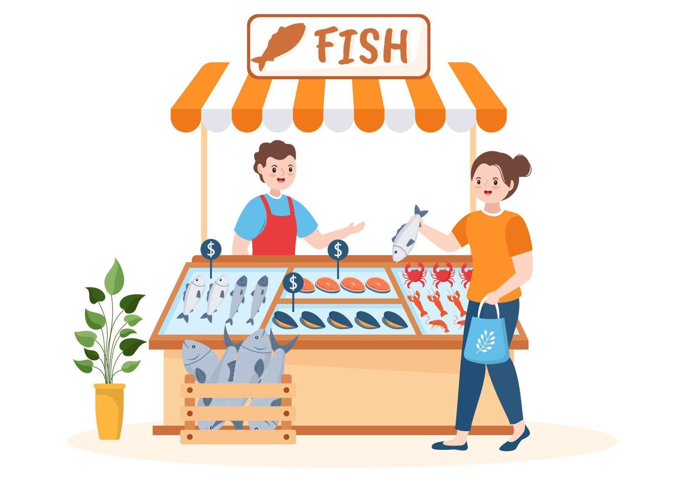 tienda de pescado para comercializar varios productos frescos e higiénicos mariscos en dibujos animados planos dibujados a mano ilustración de plantillas vector