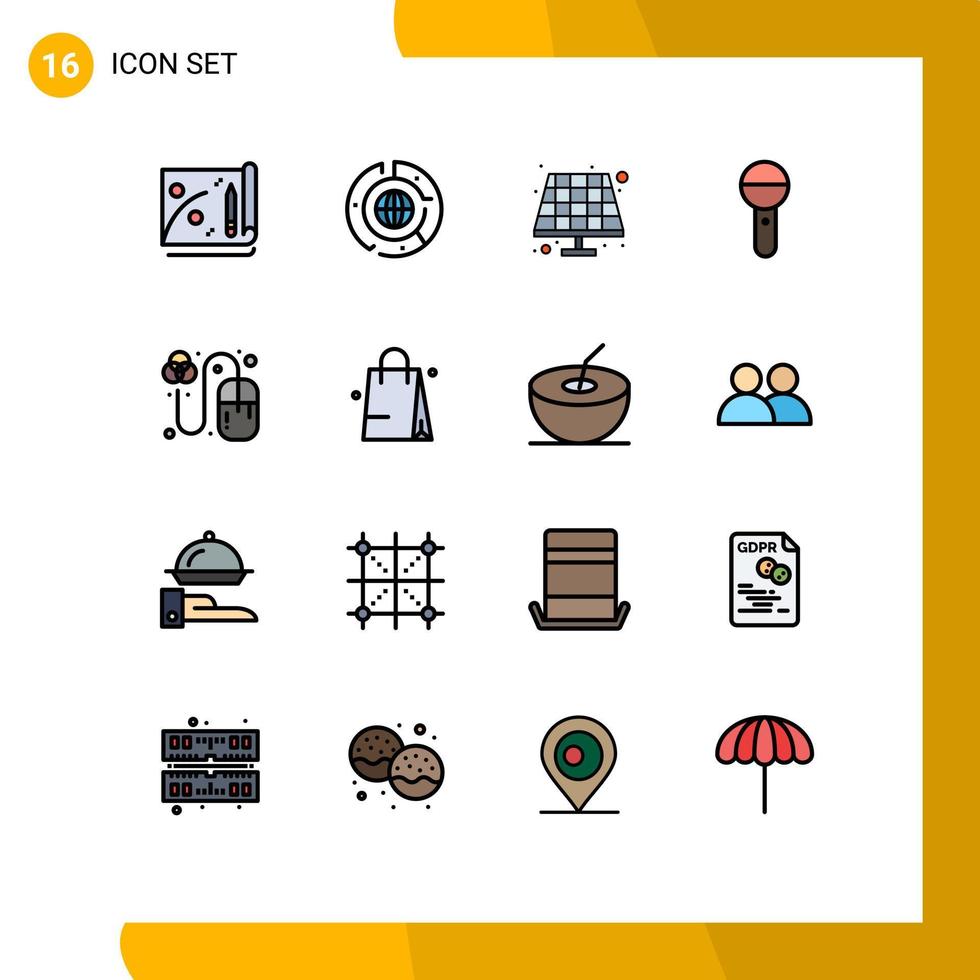 Flat Color Filled Line Pack of 16 Universal Symbols of designing sound battery press mic Editable Creative Vector Design Elements