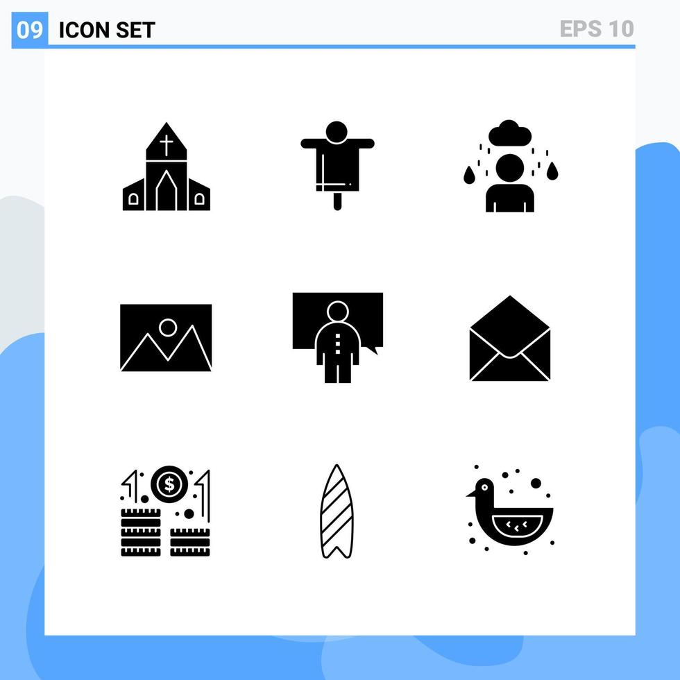 9 Thematic Vector Solid Glyphs and Editable Symbols of conference photo man house home Editable Vector Design Elements