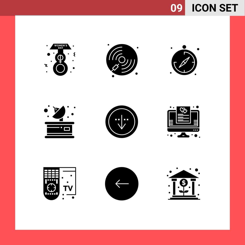 Mobile Interface Solid Glyph Set of 9 Pictograms of download direction camping receiver media Editable Vector Design Elements