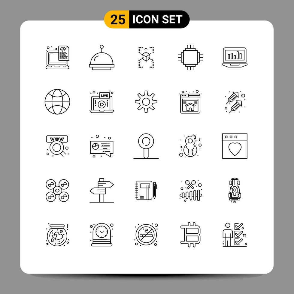 25 User Interface Line Pack of modern Signs and Symbols of laptop electronic prototype electric chip Editable Vector Design Elements