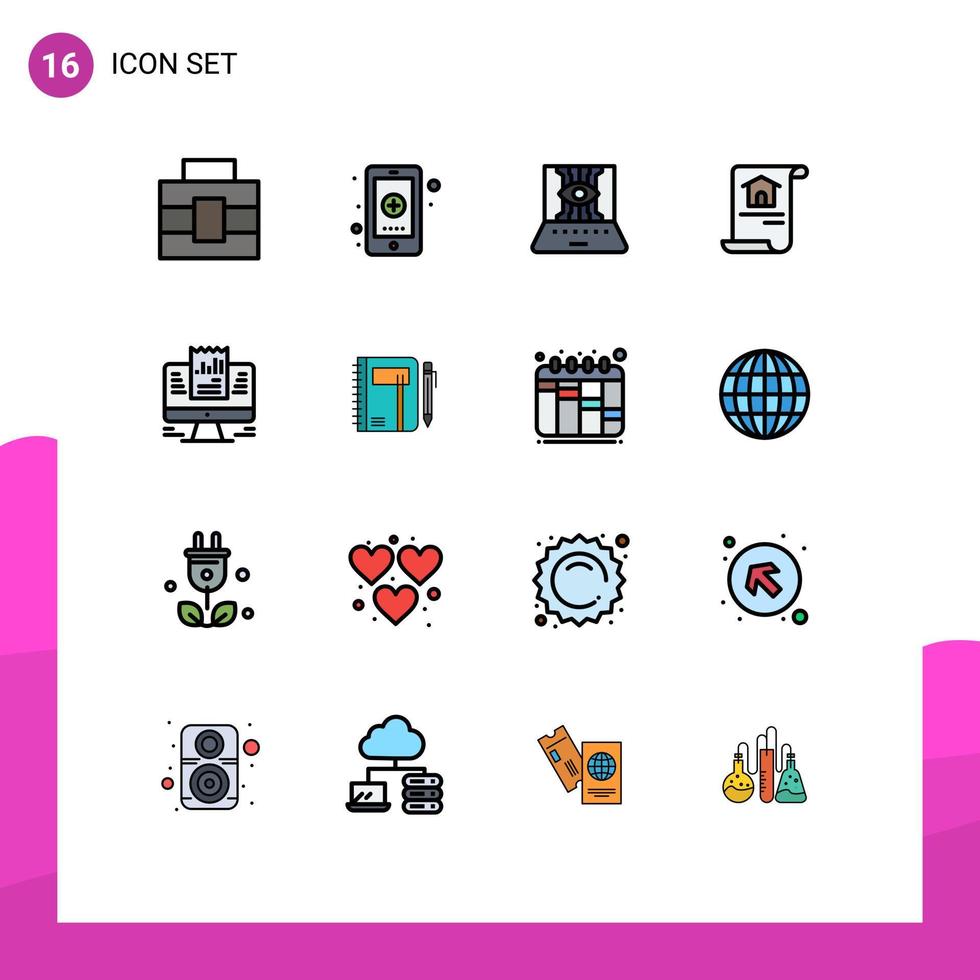 Modern Set of 16 Flat Color Filled Lines Pictograph of report home applied science document technology Editable Creative Vector Design Elements