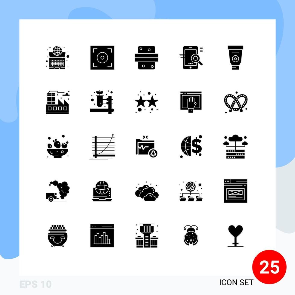 Set of 25 Vector Solid Glyphs on Grid for configuration optimize breakfast mobile food Editable Vector Design Elements