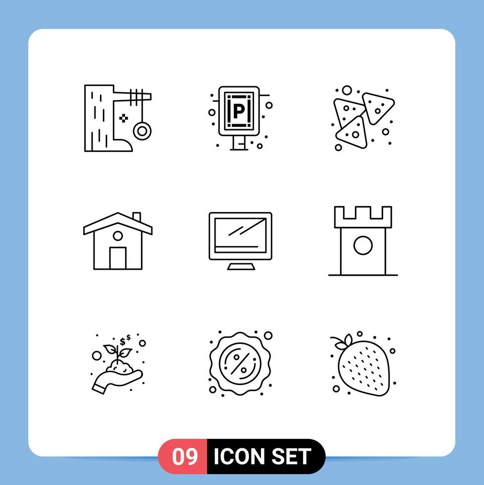 Modern Set of 9 Outlines Pictograph of monitor travel board house snack Editable Vector Design Elements