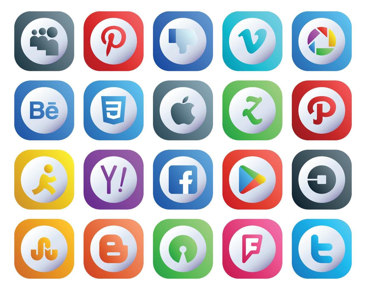 20 Social Media Icon Pack Including uber google play apple facebook yahoo vector