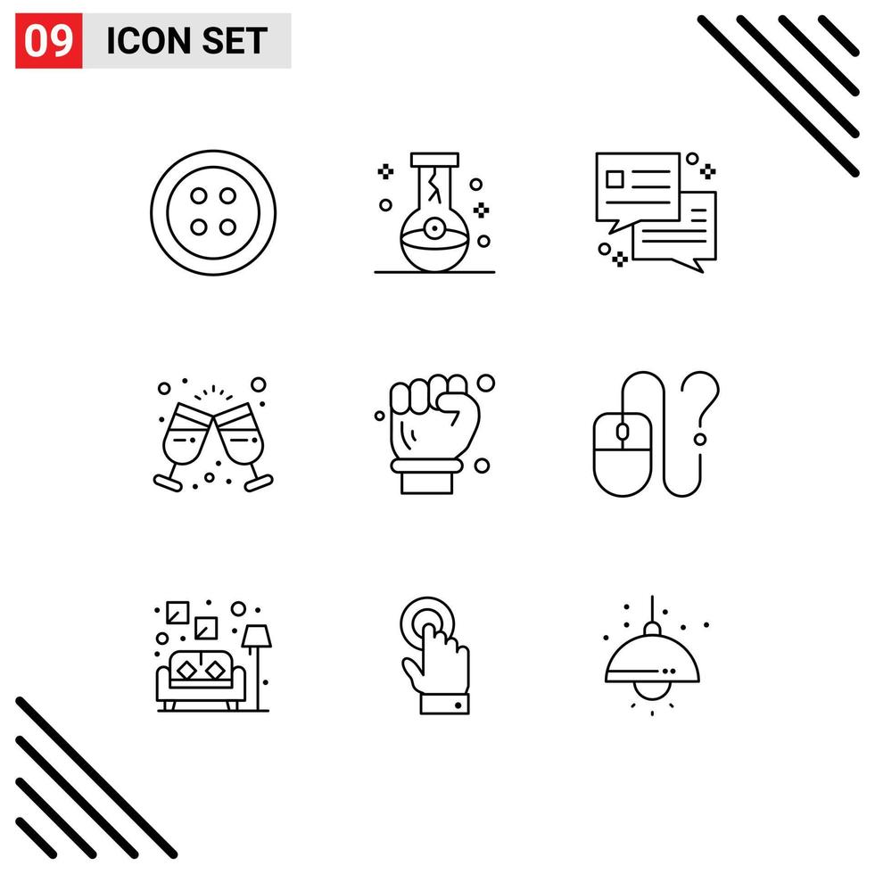 Mobile Interface Outline Set of 9 Pictograms of engineer labour hand chat party wine glass Editable Vector Design Elements