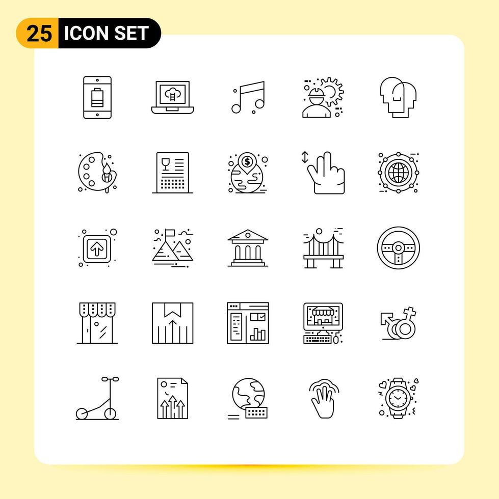 Set of 25 Vector Lines on Grid for human gear audio labour construction worker Editable Vector Design Elements