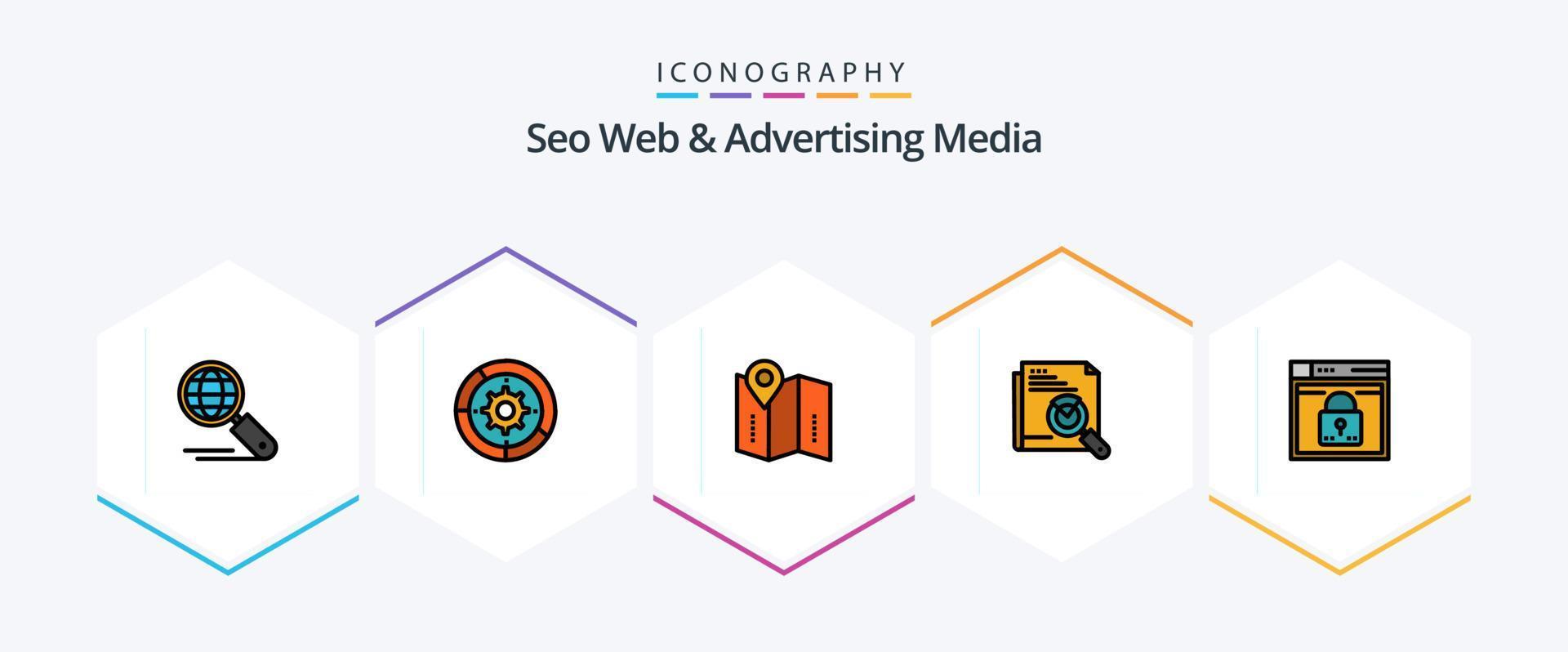 Seo Web And Advertising Media 25 FilledLine icon pack including page search. search. process. page. location vector
