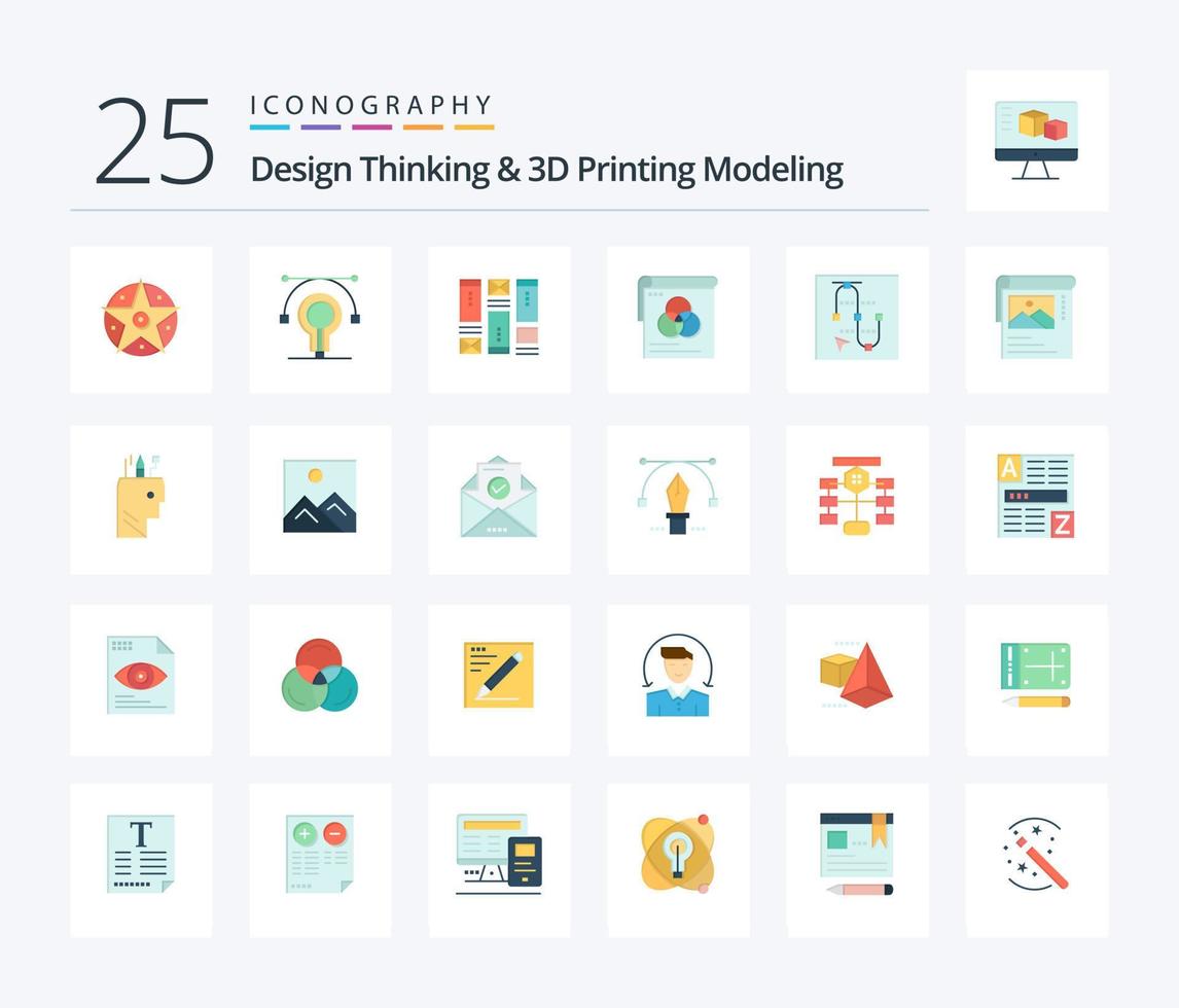 Design Thinking And D Printing Modeling 25 Flat Color icon pack including screen . fly. wireframing. wallpaper. brusher vector