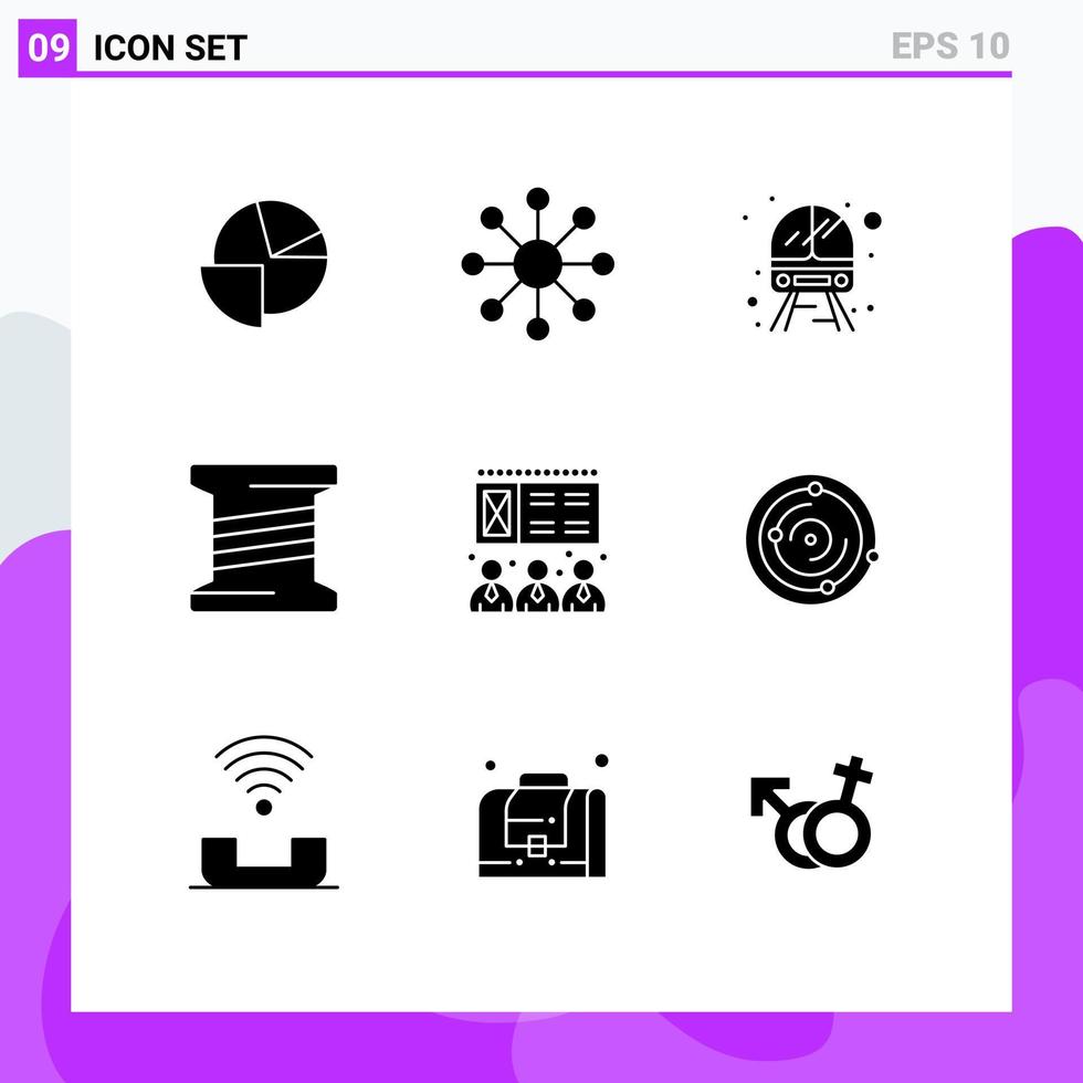 Pack of 9 Modern Solid Glyphs Signs and Symbols for Web Print Media such as spase presentation service lecture coil Editable Vector Design Elements