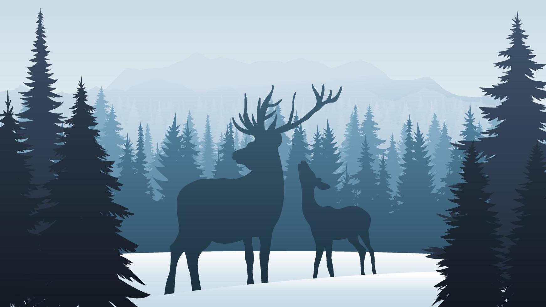 Nature mountains landscape silhouette. Winter coniferous forest with snow, frozen weather. Animals in the pine forest, deer stay in the woods. Vector illustration. Christmas background.