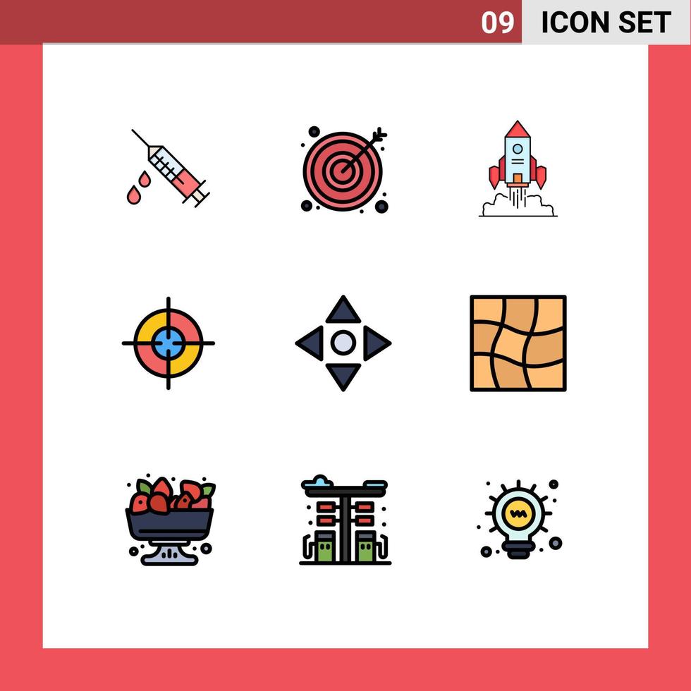 Group of 9 Filledline Flat Colors Signs and Symbols for navigate arrow spaceship interface target Editable Vector Design Elements