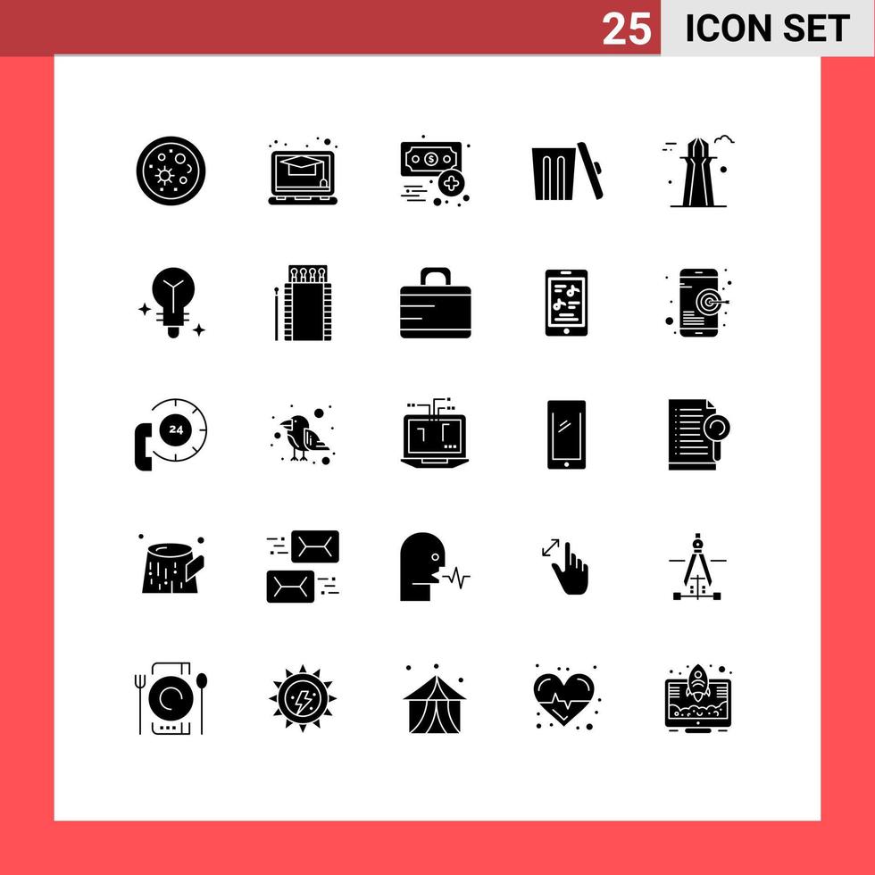 Group of 25 Modern Solid Glyphs Set for canada tower canada economy trash environment Editable Vector Design Elements