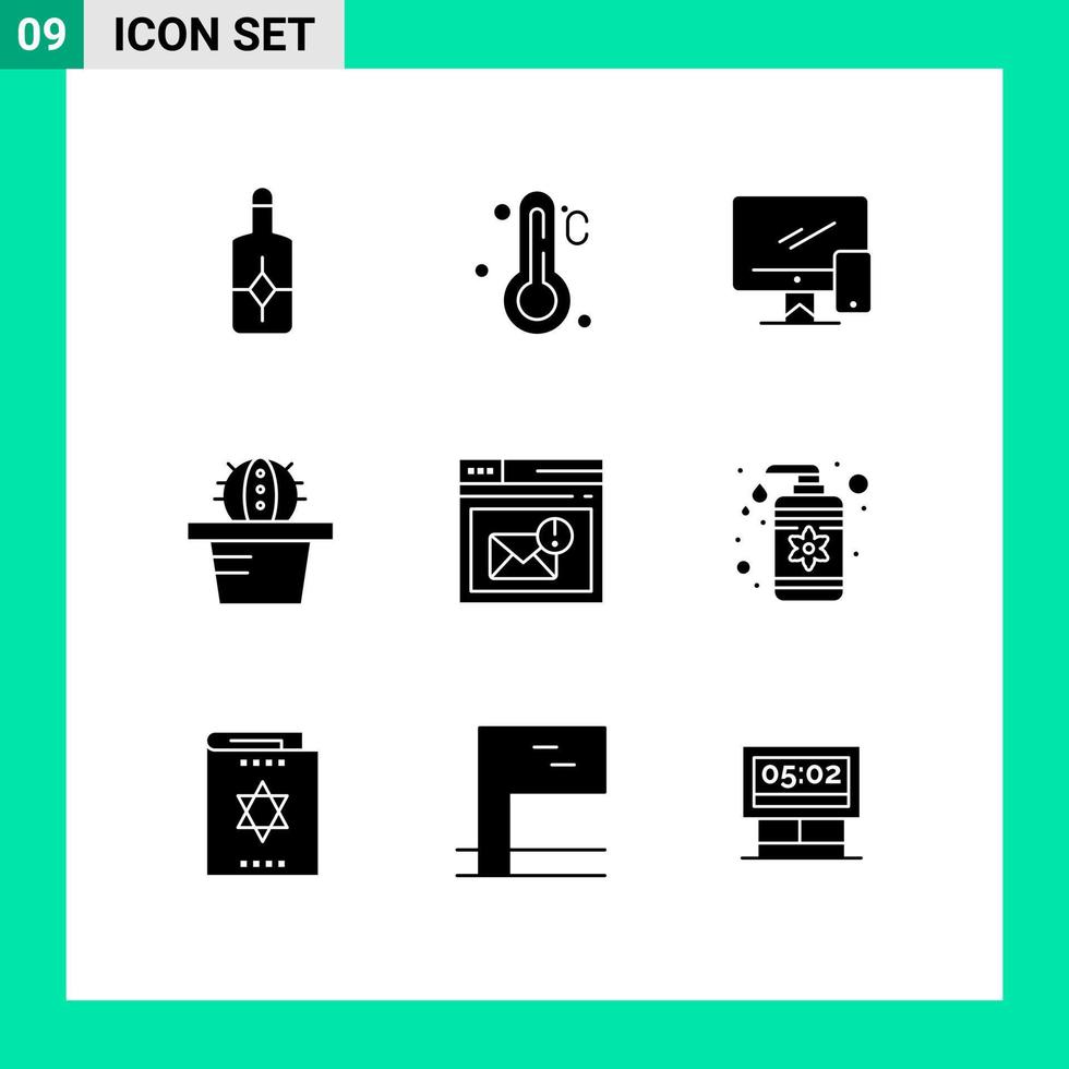 Set of 9 Commercial Solid Glyphs pack for alert mail device inbox pot Editable Vector Design Elements