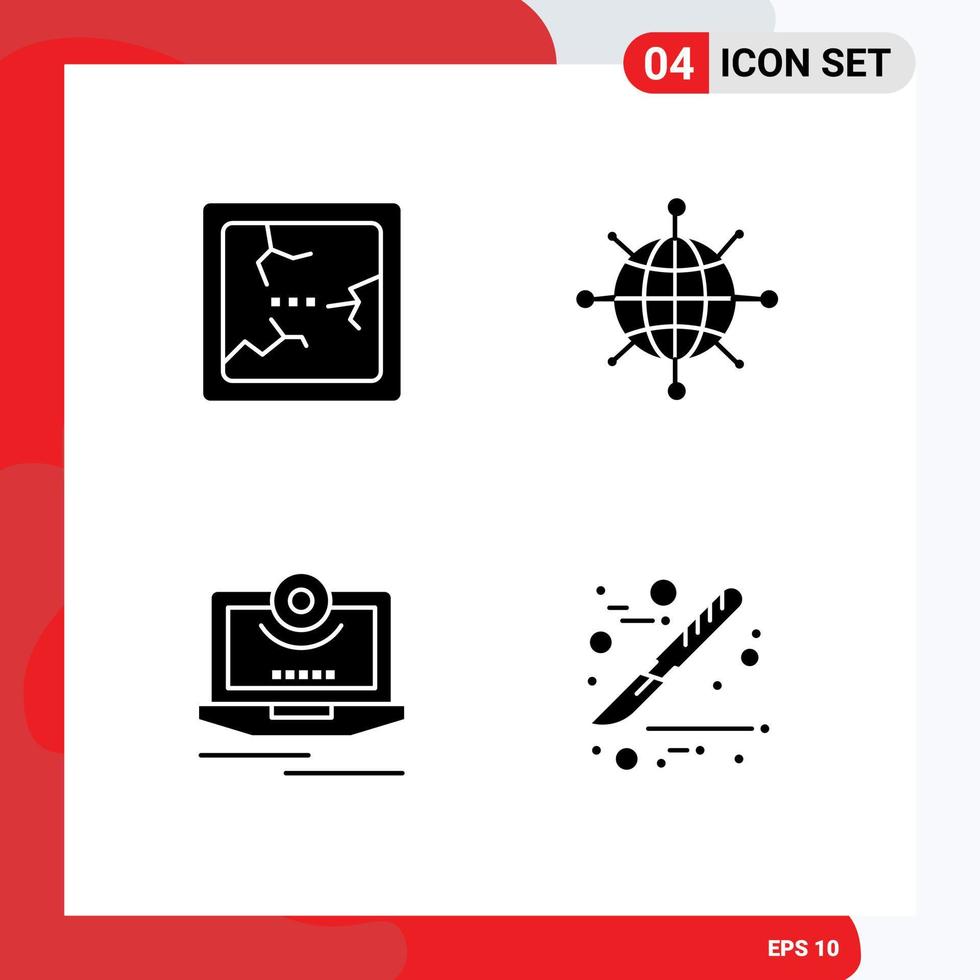Universal Icon Symbols Group of 4 Modern Solid Glyphs of broken monitor internet cam medical Editable Vector Design Elements