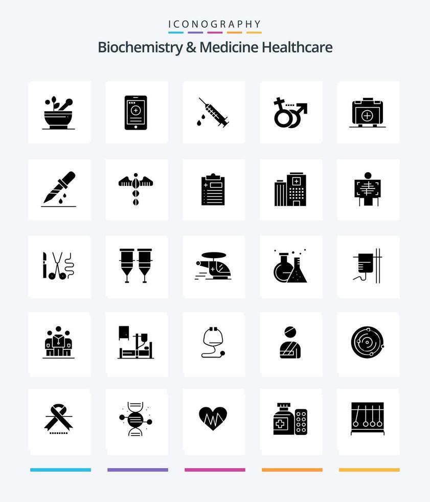 creativo bioquímica y medicina cuidado de la salud 25 glifo sólido negro icono paquete tal como bolsa. símbolo. droga. femenino. género vector