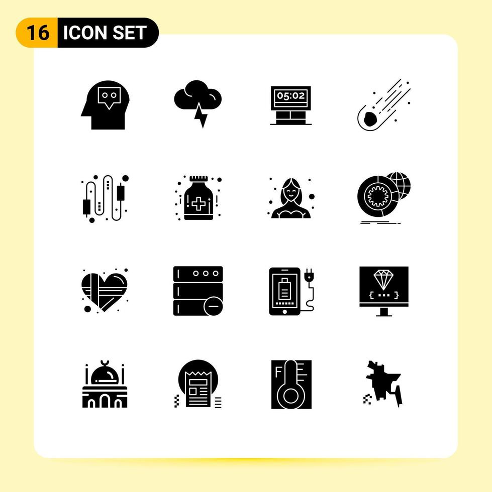 Pack of 16 creative Solid Glyphs of computer audio score comet meteor Editable Vector Design Elements