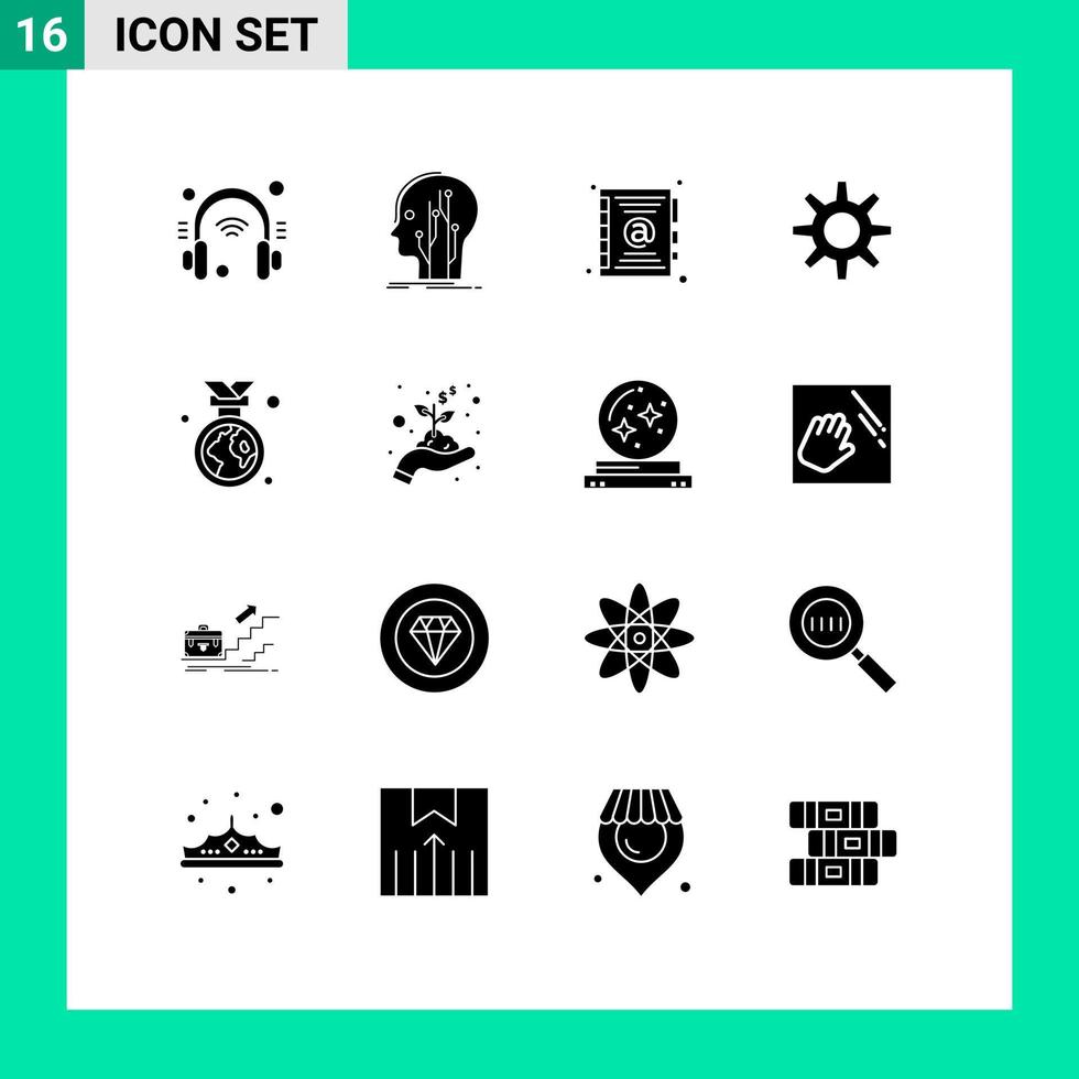 Mobile Interface Solid Glyph Set of 16 Pictograms of ecology badge network wheel gear Editable Vector Design Elements