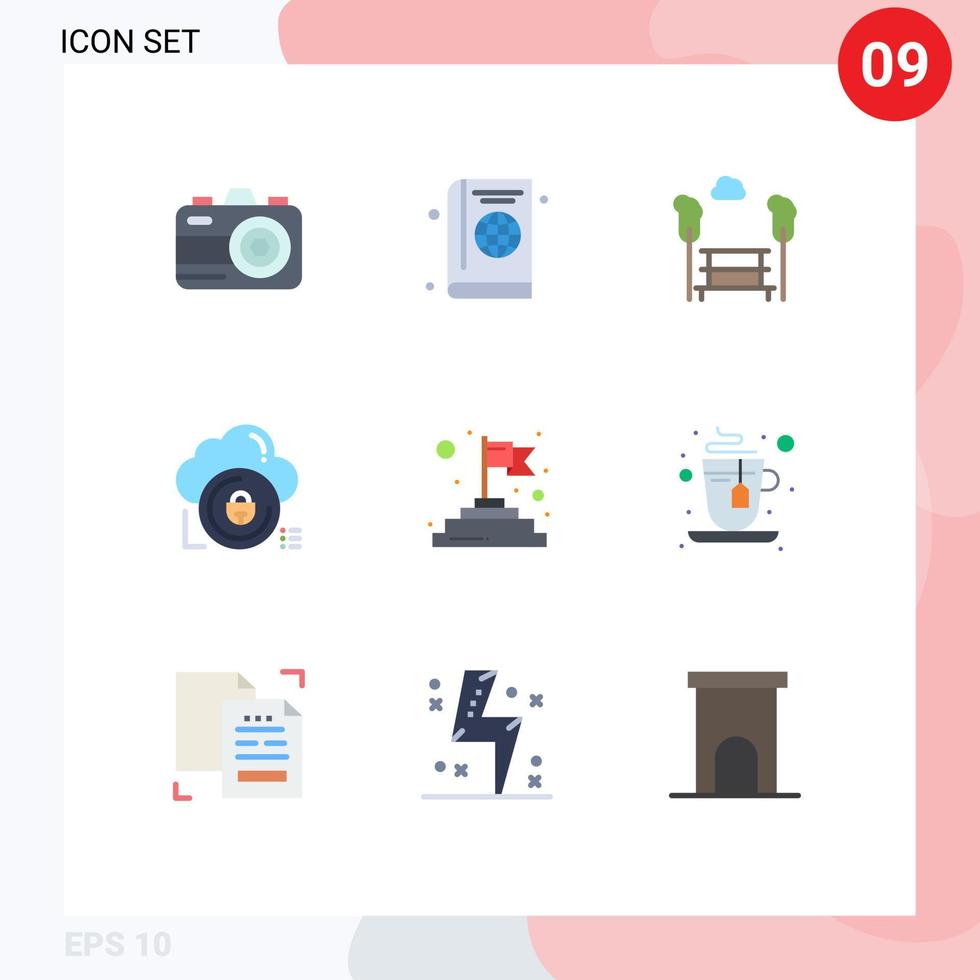 Flat Color Pack of 9 Universal Symbols of finish lock park secure cloud Editable Vector Design Elements