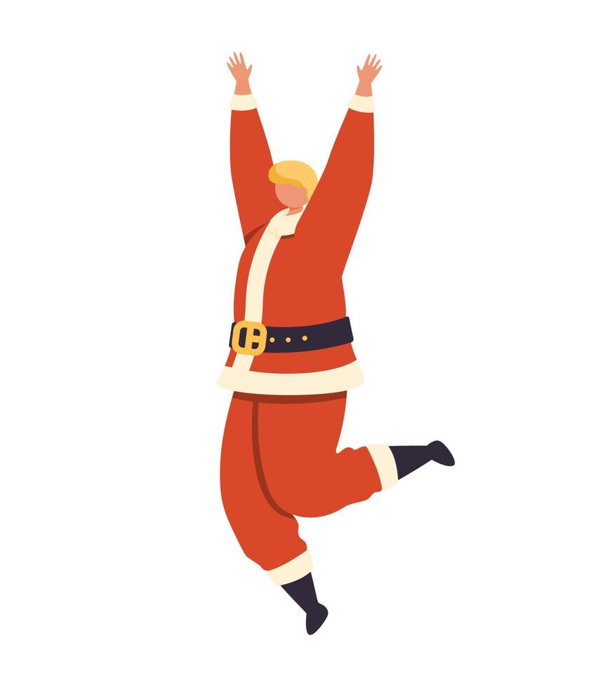 A joyful man in a red christmas costume jumps and has fun. vector