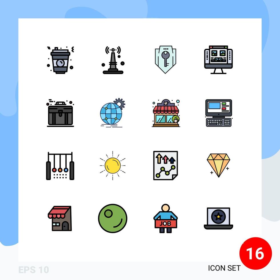 Pack of 16 creative Flat Color Filled Lines of business monitor access computer shield Editable Creative Vector Design Elements