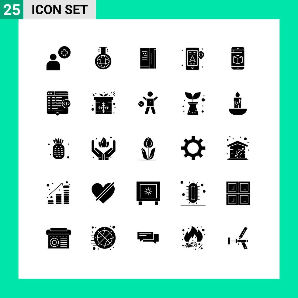 User Interface Pack of 25 Basic Solid Glyphs of box mobile refregerator navigation location Editable Vector Design Elements