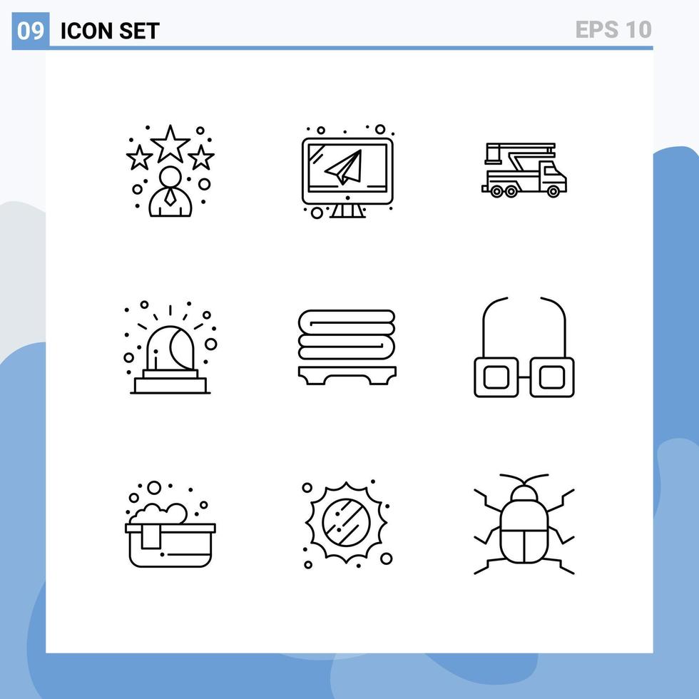 Set of 9 Modern UI Icons Symbols Signs for towels siren crane emergency transport Editable Vector Design Elements