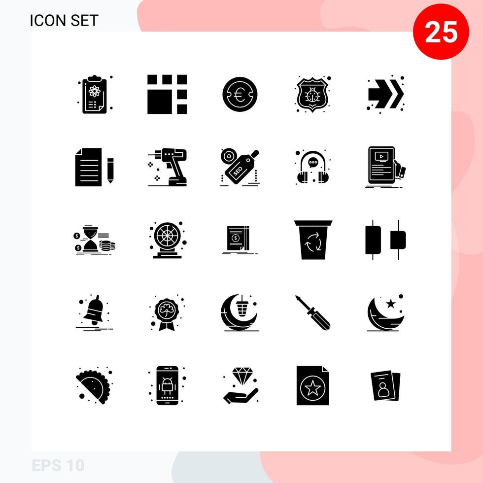 Universal Icon Symbols Group of 25 Modern Solid Glyphs of arrows protect coin bug money Editable Vector Design Elements