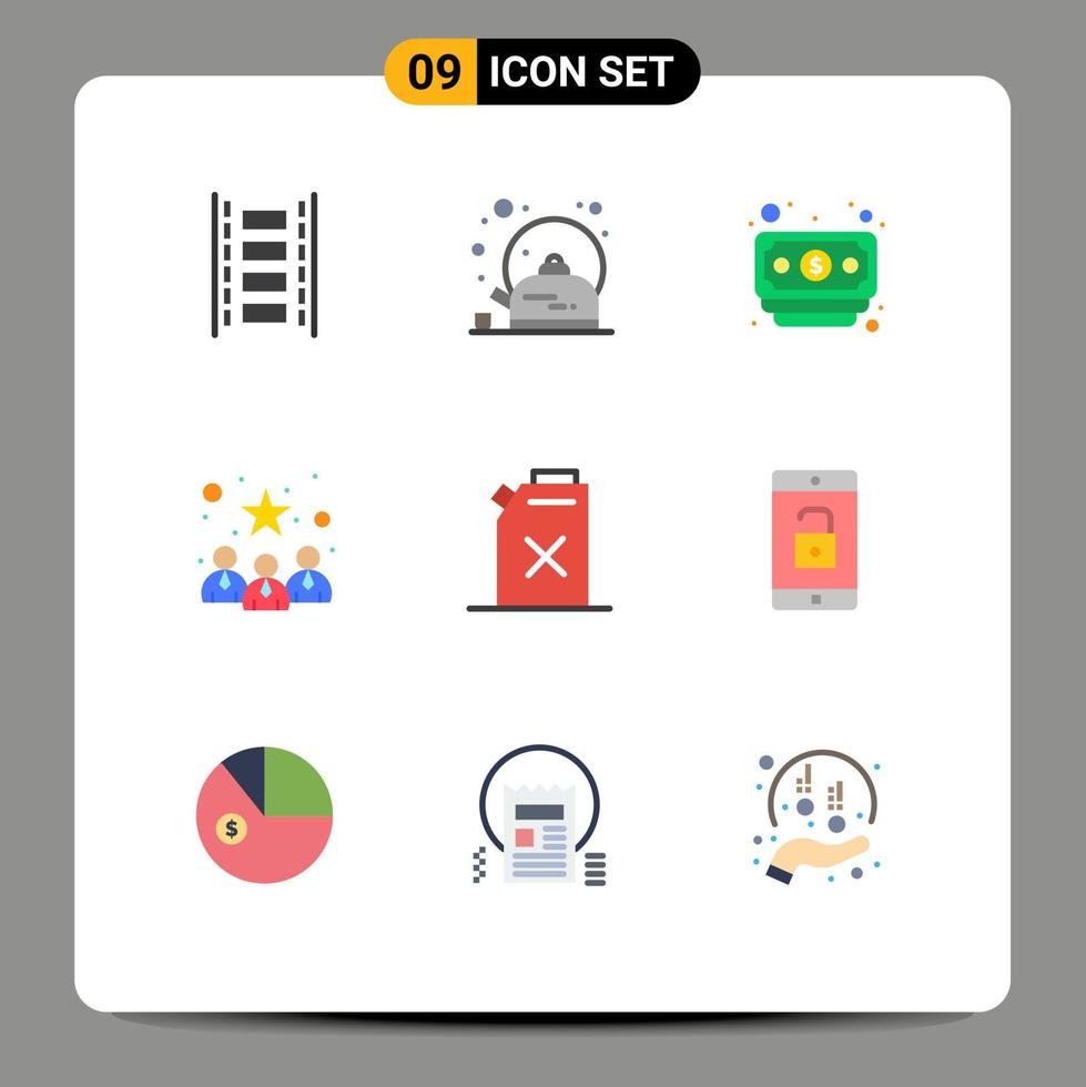Mobile Interface Flat Color Set of 9 Pictograms of oil gasoline banking best team candidates Editable Vector Design Elements