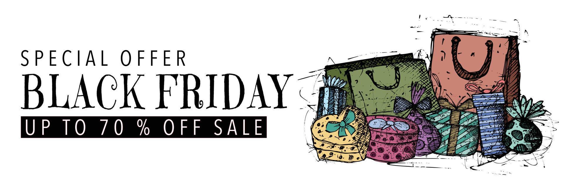 venta promocional de viernes negro con composición de garabatos de regalo de dibujo a mano vector