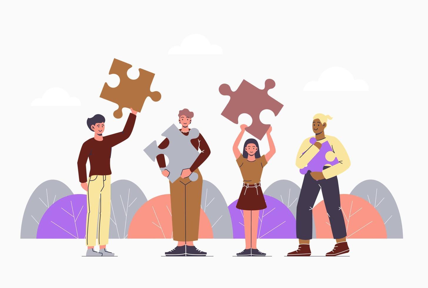 Metaphor for business team collaboration. People connect the elements of the puzzle. Teamwork, collaboration, partnership. Vector, flat, modern illustration vector
