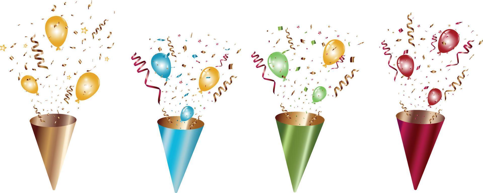 linda fiesta popper confeti set ilustración. confeti aislado, explosión, petardo, celebración. dibujo vectorial vector