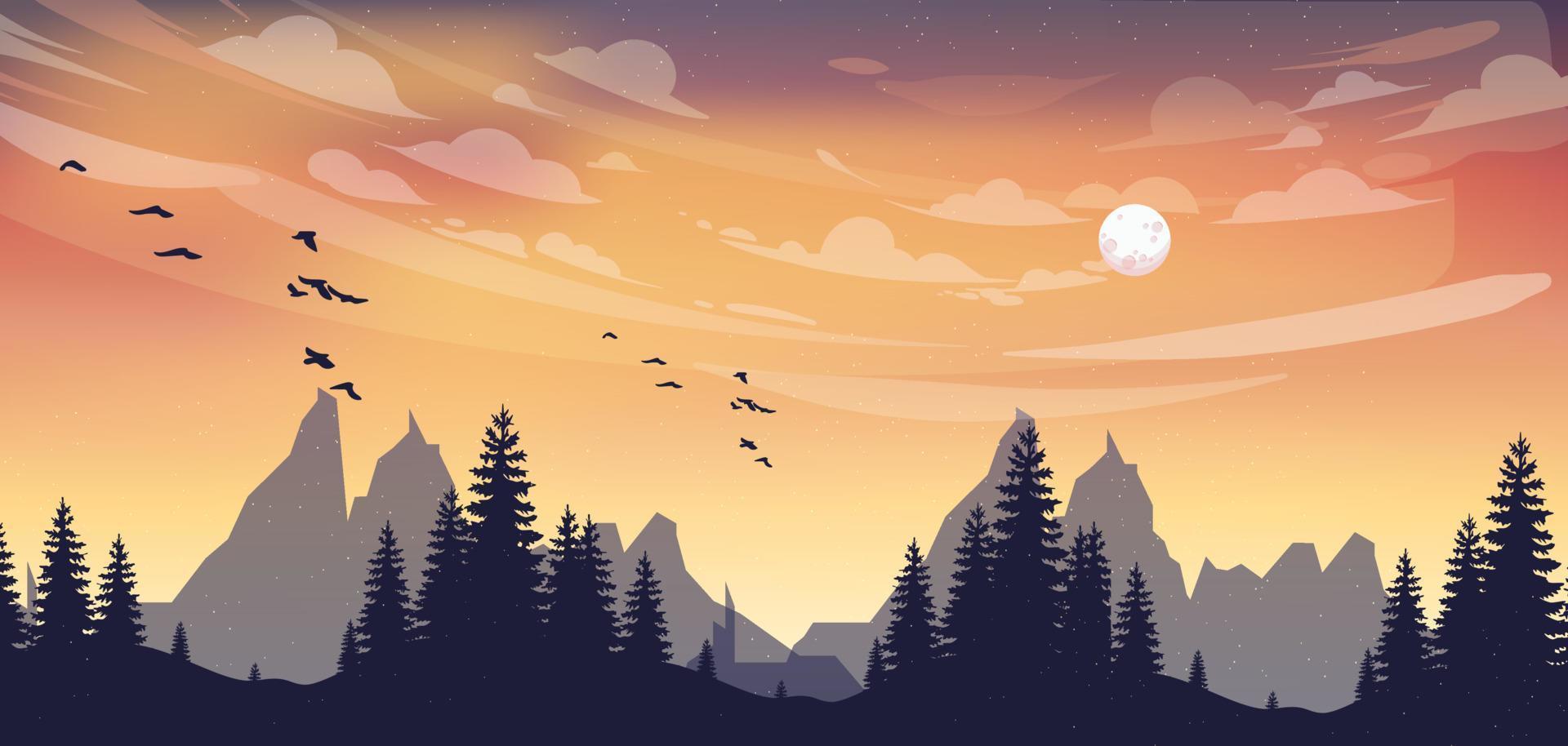 paisaje natural montaña arte vectorial puesta de sol vector