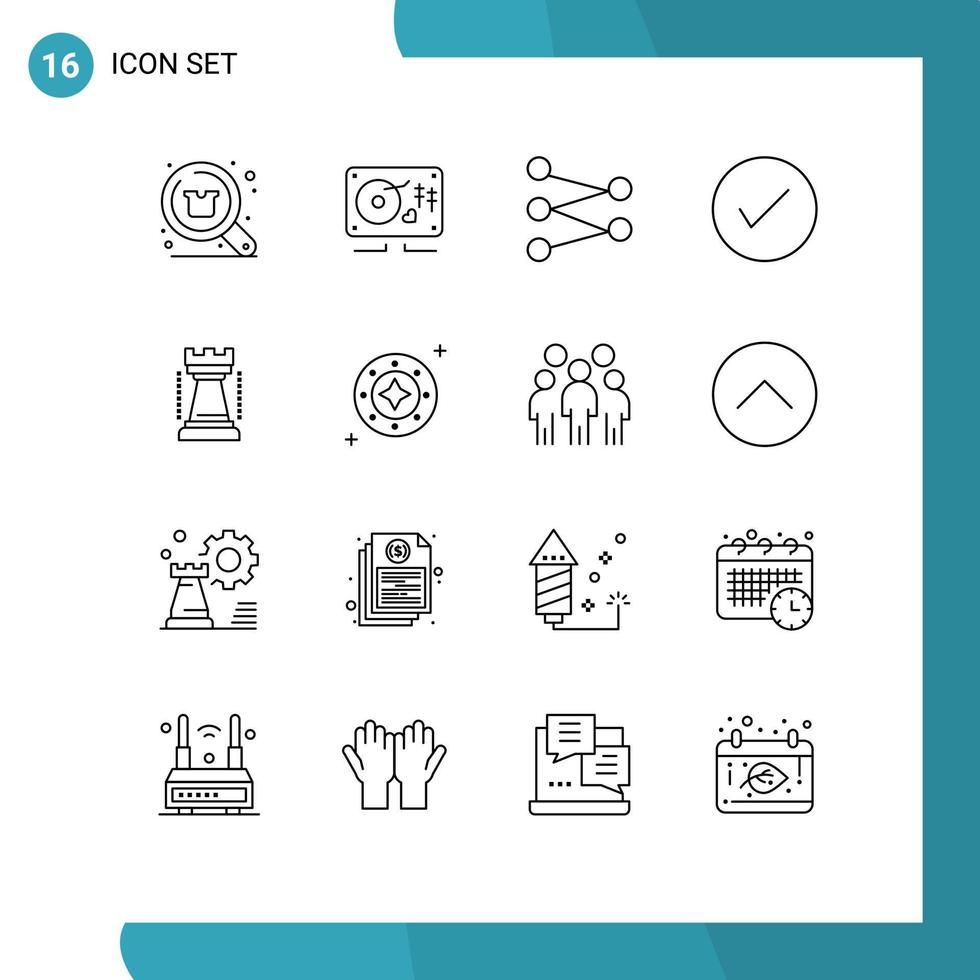 Mobile Interface Outline Set of 16 Pictograms of entertainment okay wedding check arrow Editable Vector Design Elements