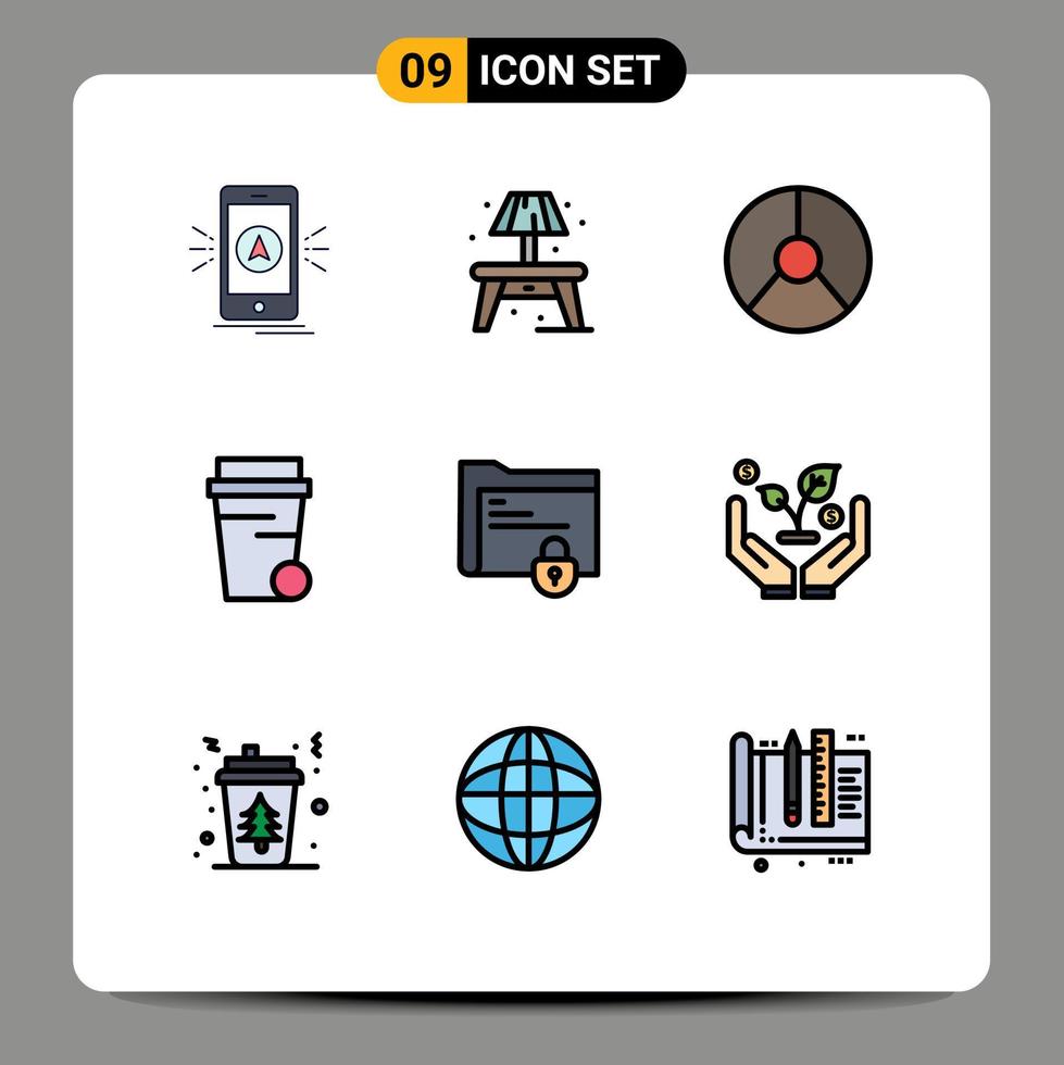 9 Universal Filledline Flat Color Signs Symbols of folder cleaning business soup pie Editable Vector Design Elements