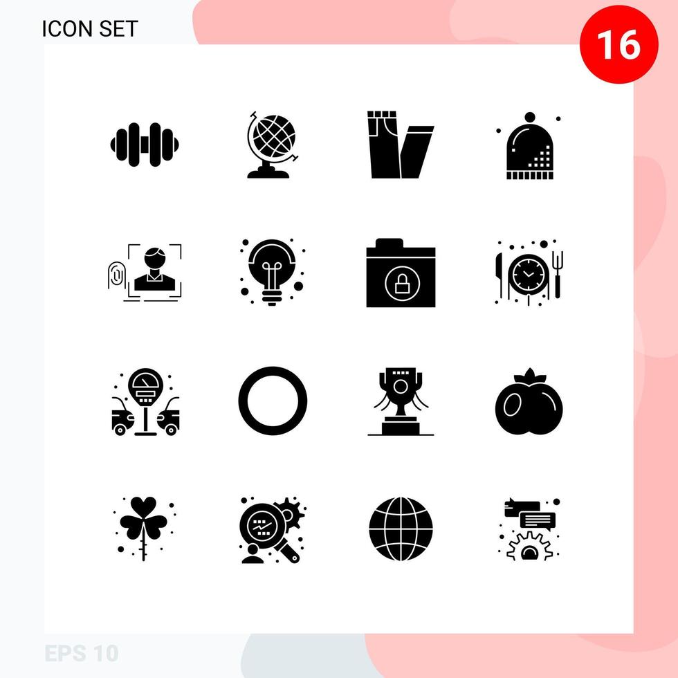 Set of 16 Commercial Solid Glyphs pack for scanning recognition celebration fingerprint winter Editable Vector Design Elements