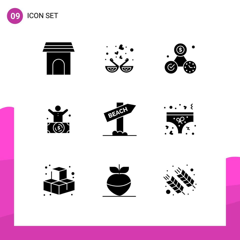 Set of 9 Commercial Solid Glyphs pack for person man in love billionaire time Editable Vector Design Elements